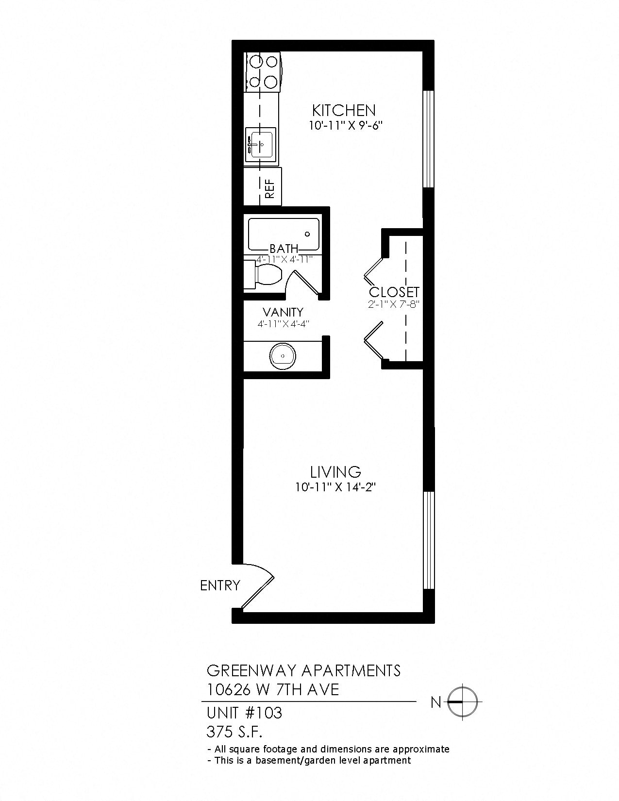 Floor plan for studio, 1 bath, 375 sqft